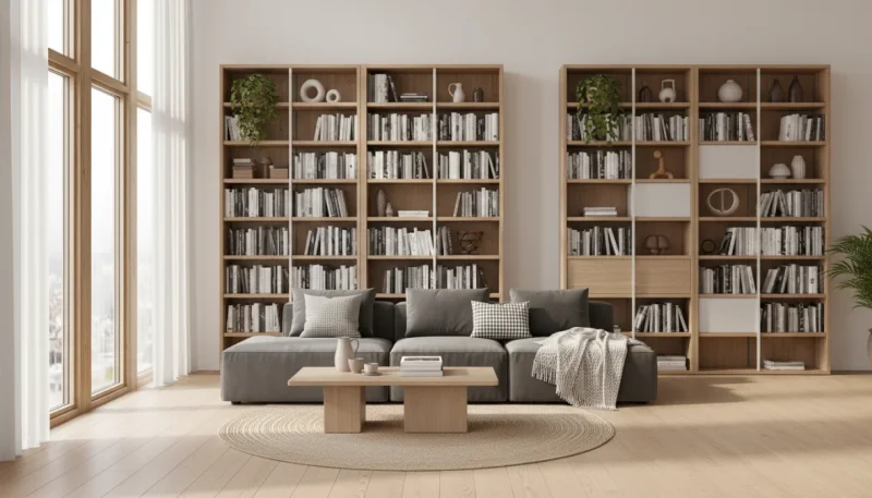 Scaffali moderni e librerie in legno in soggiorno organizzato con stile