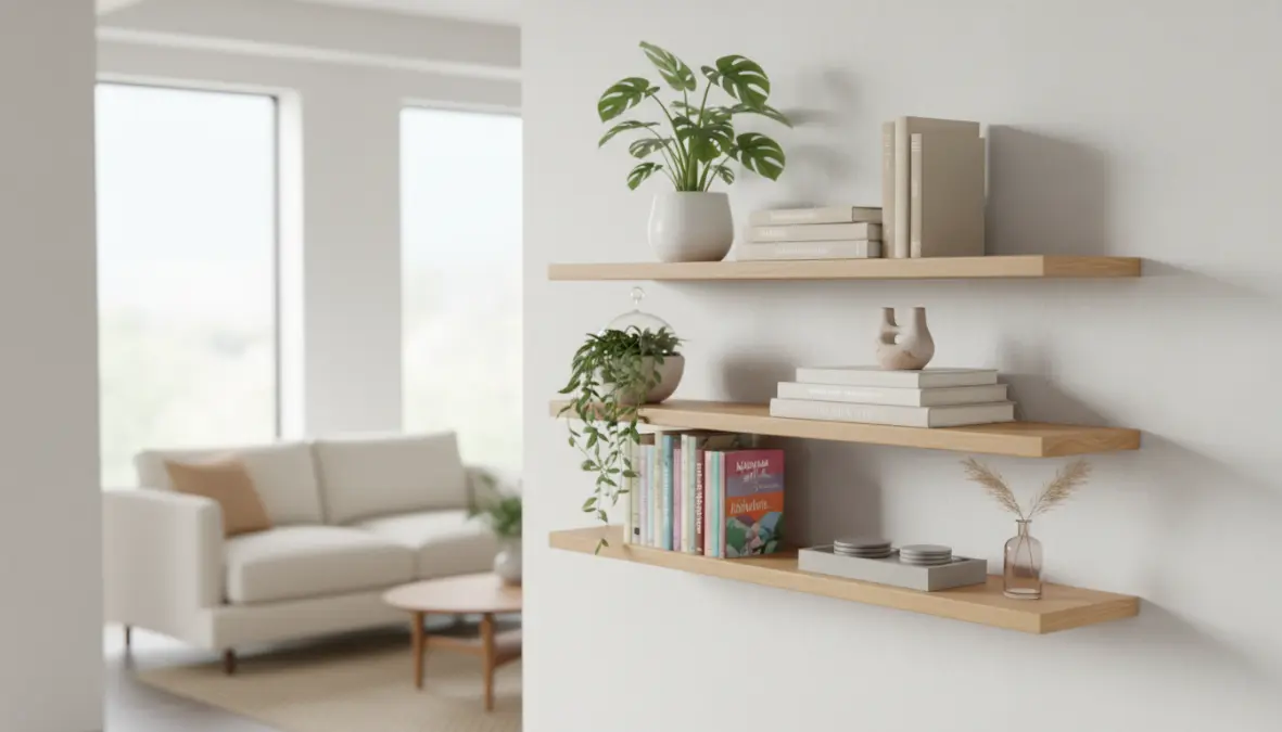 Scaffali a parete in legno con libri e decorazioni organizzate