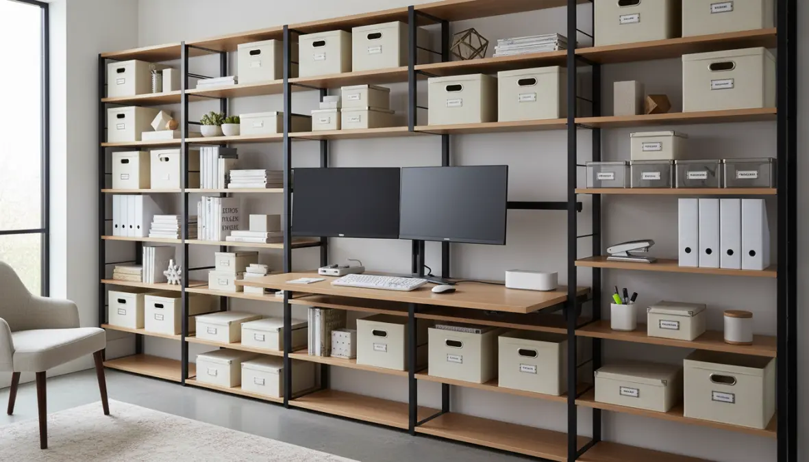 Scaffali componibili per ufficio in casa con mobili contenitori organizzati