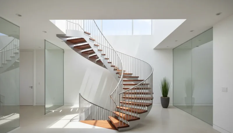 Scala interna moderna in abitazione contemporanea con ringhiera e gradini