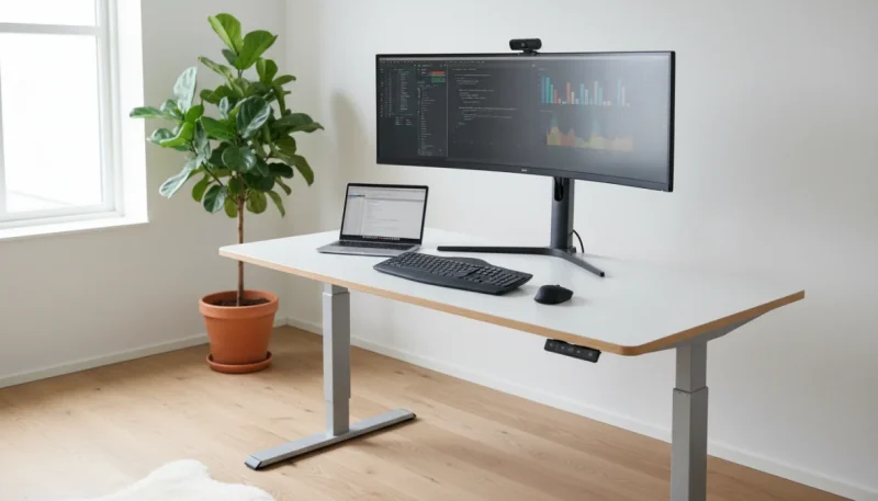 Scrivania ergonomica regolabile in altezza in un moderno home office con monitor e laptop