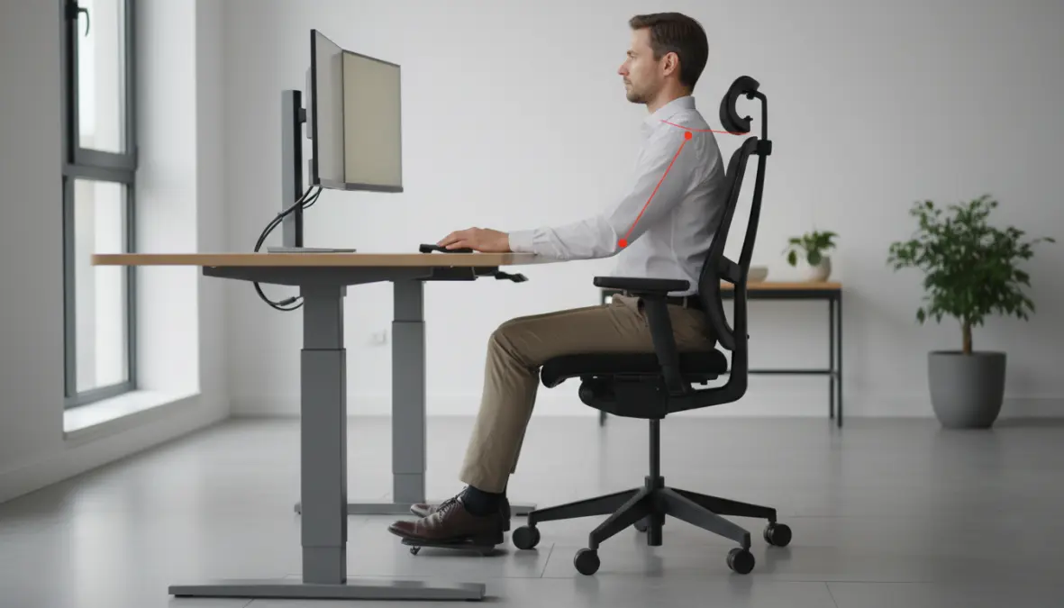 Postura corretta alla scrivania ergonomica con monitor all'altezza degli occhi