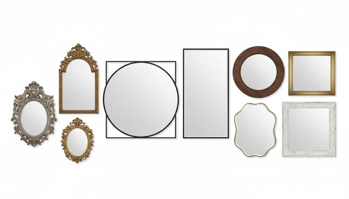 Diversi tipi di specchi da parete con cornici moderne e decorative