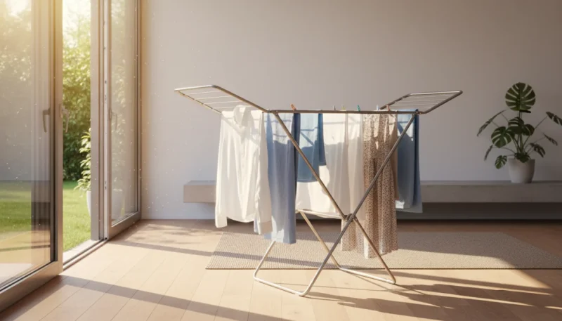 Stendibiancheria moderno in un ambiente domestico luminoso con bucato steso