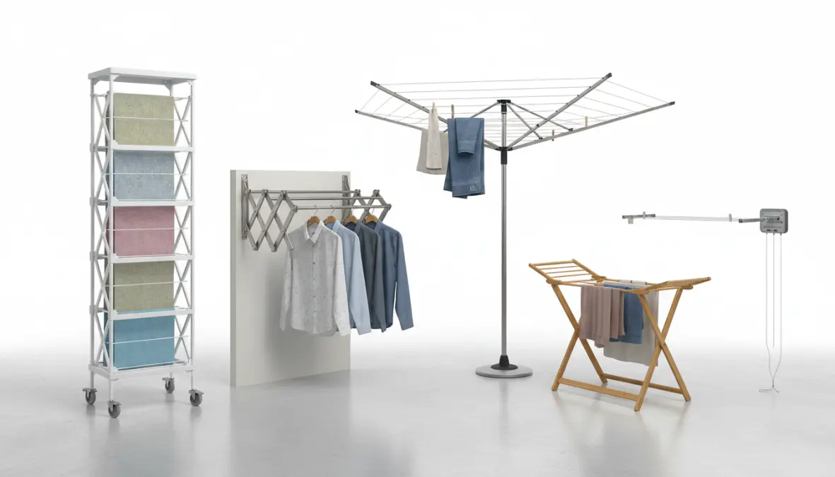 Diverse tipologie di stendibiancheria: verticale, a parete, pieghevole e da esterno