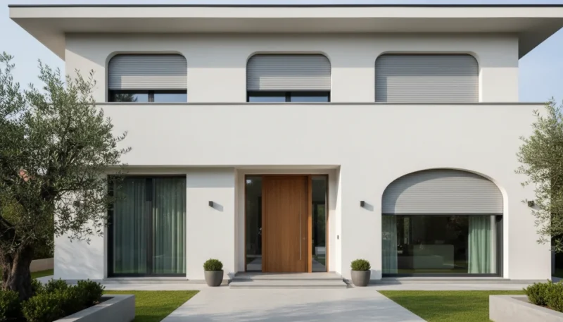 Casa moderna con tapparelle elettriche motorizzate installate sulle finestre