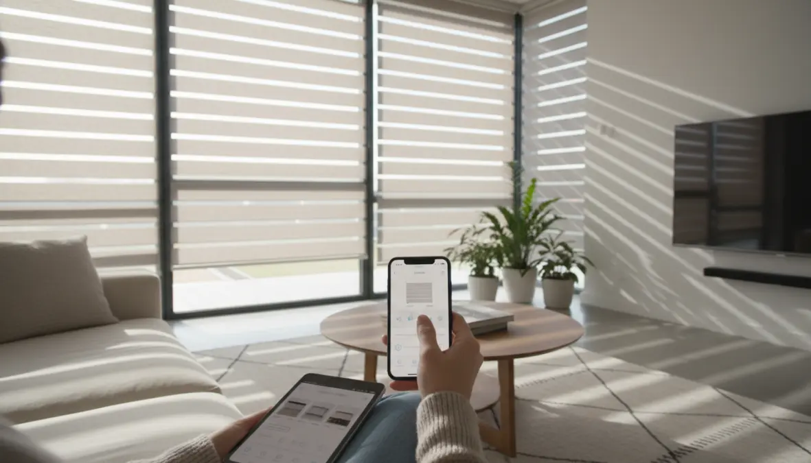 Controllo tapparelle domotiche tramite smartphone in soggiorno moderno