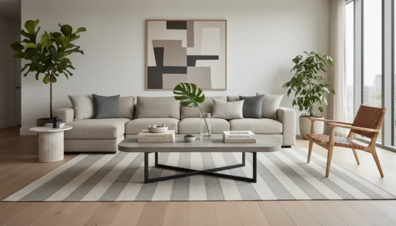 Tavolino da salotto moderno in soggiorno contemporaneo con divano e arredamento elegante