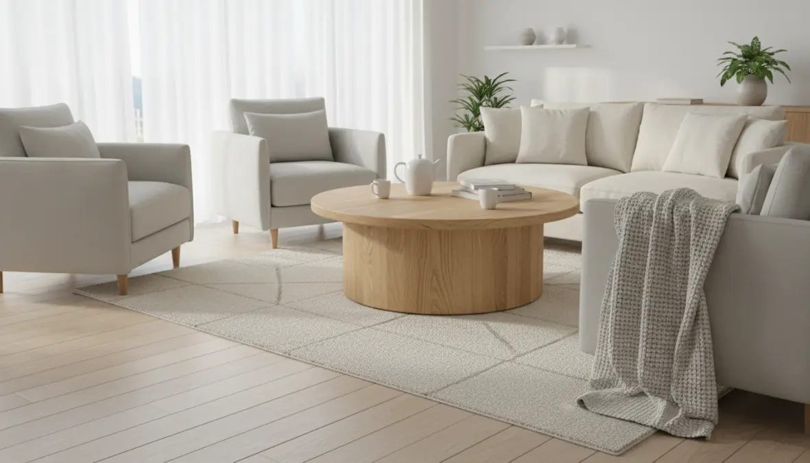 Tavolino rotondo salotto in legno chiaro stile scandinavo con divano moderno