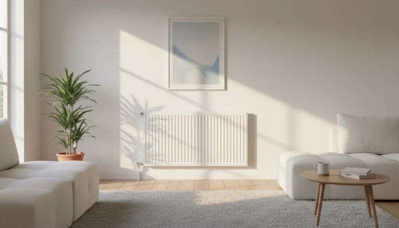 Termosifoni moderni in alluminio installati in soggiorno contemporaneo con design minimalista