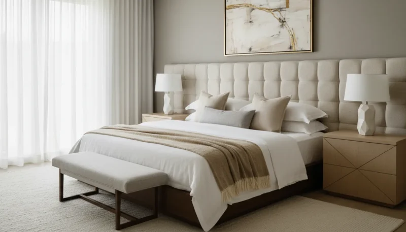 Testiera letto imbottita moderna in camera da letto elegante con biancheria di qualità