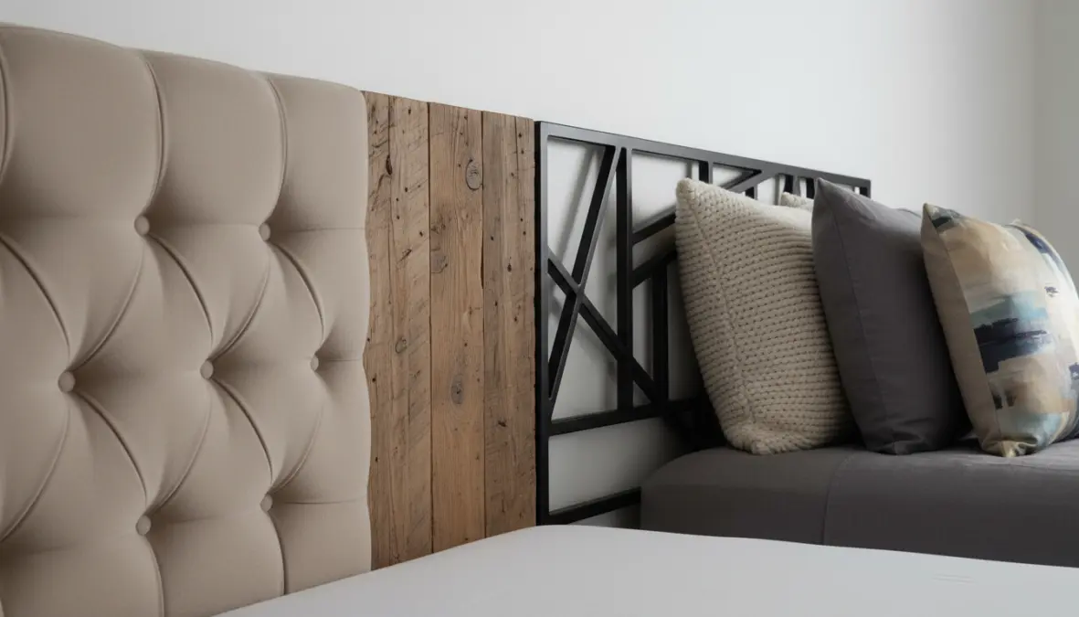 Diverse tipologie di testiera letto: imbottita in tessuto, legno naturale e moderna in metallo