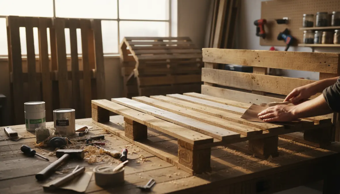 Testiera letto fai da te con pallet riciclati in fase di realizzazione