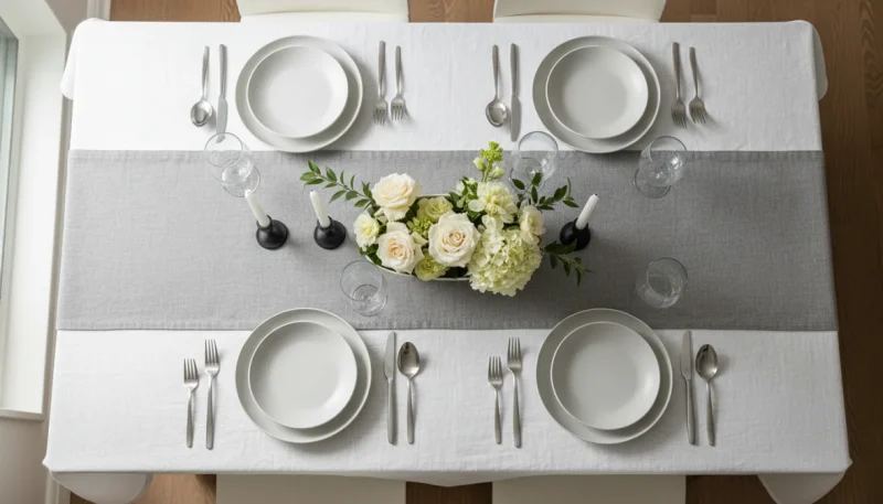 Tavola elegante apparecchiata con tovaglie e runner moderni per una mise en place raffinata