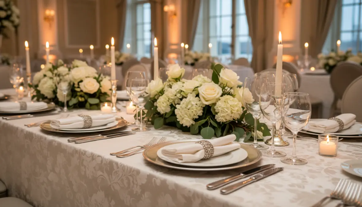 Tavola elegante apparecchiata per occasioni formali con tovaglie raffinate e coordinati