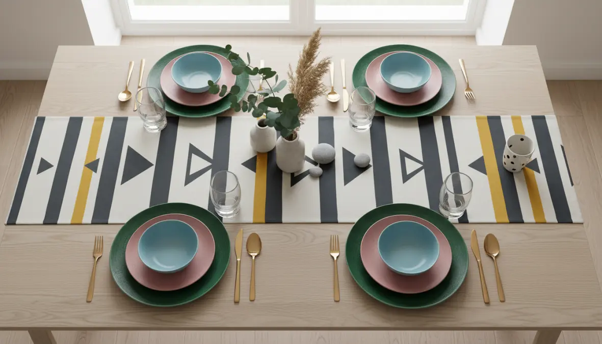 Runner moderni con pattern geometrici su tavola contemporanea in stile minimal