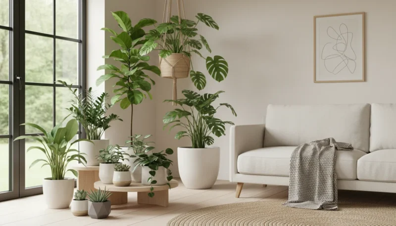 Angolo di soggiorno moderno con diverse piante da interno in vasi decorativi di varie dimensioni e stili