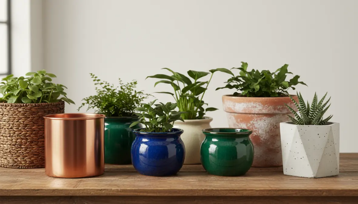 Collezione di vasi da interno in diversi materiali: ceramica, terracotta, cemento e vimini