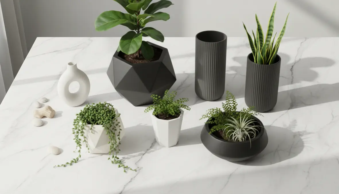 Composizione di vasi moderni da interno con design geometrico e piante verdi in stile nordico