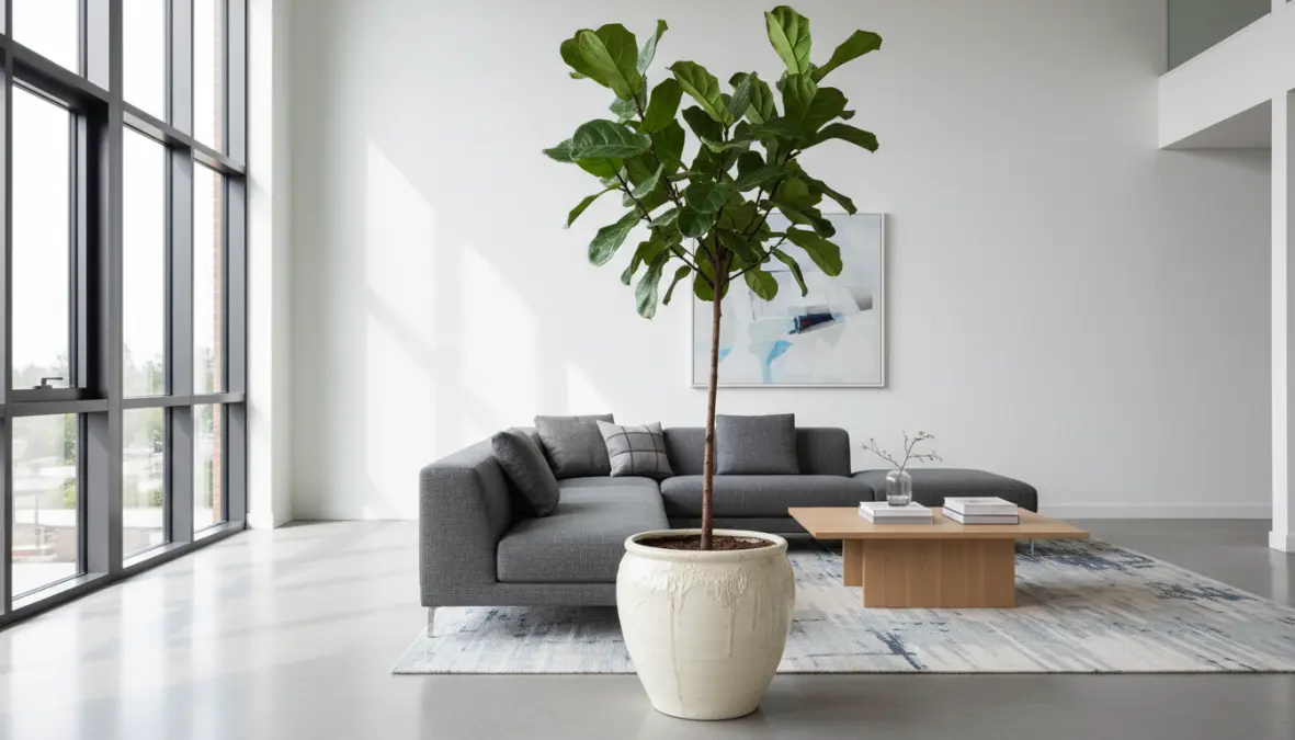 Grande vaso da interno decorativo accanto al divano con pianta alta come elemento d'arredo