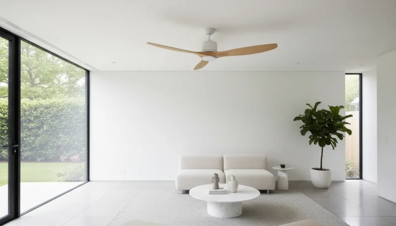 Ventilatore a soffitto moderno installato in soggiorno luminoso con design contemporaneo
