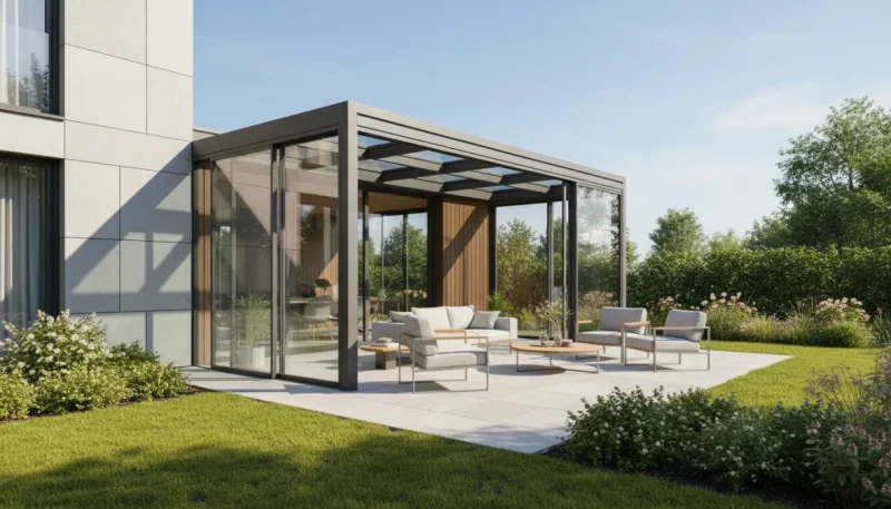 Veranda moderna in vetro con struttura in alluminio collegata a casa contemporanea