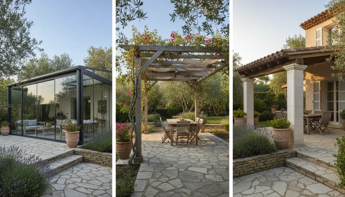 Confronto visivo tra veranda chiusa, pergolato aperto e tettoia fissa con differenze strutturali