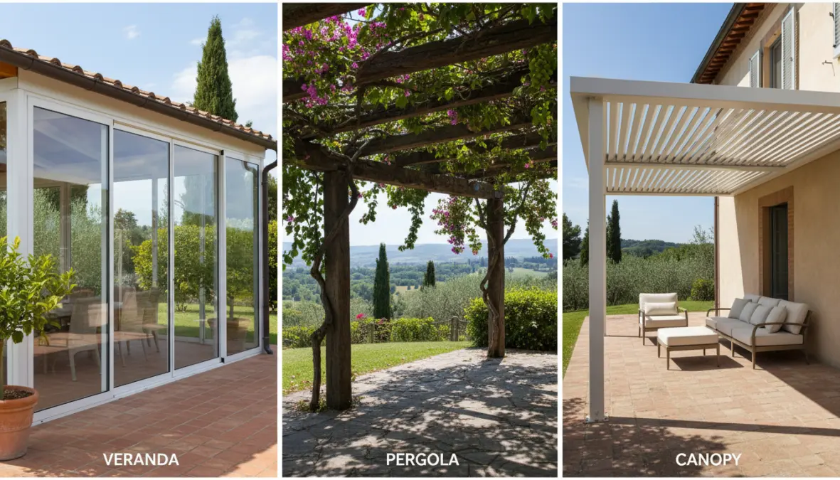 Confronto visivo tra veranda chiusa, pergolato aperto e tettoia che mostra le differenze strutturali