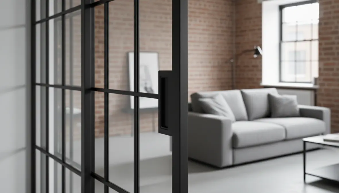 Dettaglio di vetrate scorrevoli con telaio nero in stile industriale per dividere ambienti