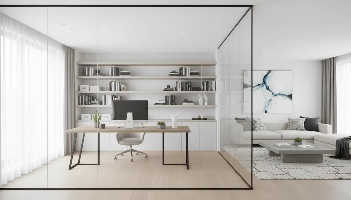 Pareti vetrate divisorie tra home office e soggiorno per separazione ambienti con luce naturale