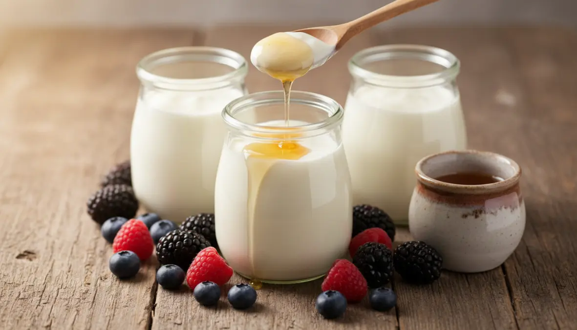 Yogurt naturale fatto in casa con fermenti lattici vivi in vasetti di vetro