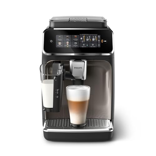 Philips Serie 3300 Macchina da caffè automatica - 6 tipi di bevande, Display touch screen a colori, LatteGo, SilentBrew, Macinacaffè in ceramica al 100%, Filtro AquaClean. Cromato nero (EP3347/90)