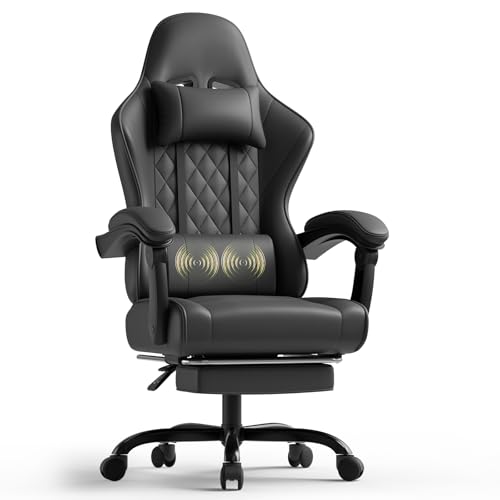 TRIUMPHKEY Sedia da Gaming Massaggiante,Sedia Gamer con Poggiapiedi Telescopico,Regolabile 90-150&deg;,Poltrona da Gaming con Poggiatesta e Cuscino Lombare,Sedie da Ufficio,Portata 150kg(Nero)