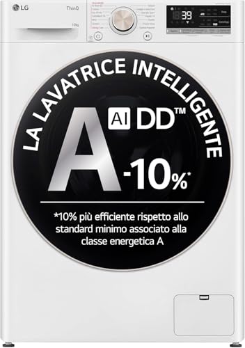 LG AI DD F4R7010TSWG Lavatrice 10 kg Classe A -10%, 1400 Giri, Carica Frontale con Oblò in Vetro Temperato, Funzione TurboWash 360, Vapore su 7 Programmi, Wi-Fi, Libera installazione, Serie R7, Bianca