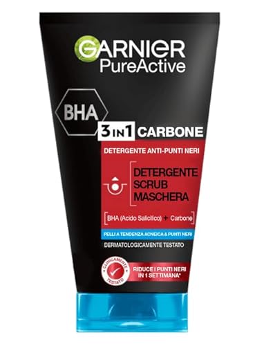 Garnier Maschera Punti Neri, Detergente e Scrub Viso Pure Active Intense 3in1 con Carbone Vegetale, 150 ml
