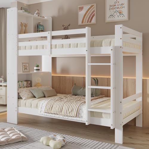 Oyemige Letto a Castello, Letto per Bambini con Contenitore, Letto Matrimoniale con Ripiano e Scala Ad Angolo Retto a Tre Gradini, 90x200 cm Letto In Legno, Rete A Doghe, Bianco, Senza Materasso