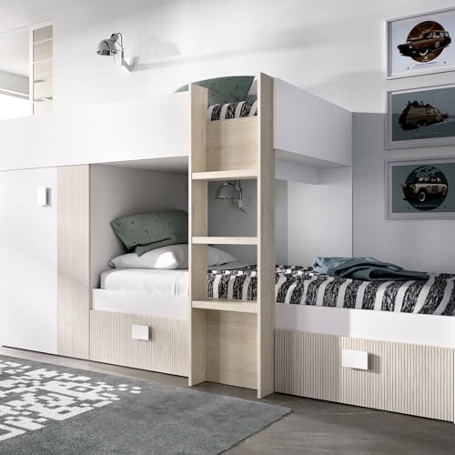 Dmora - Letto per bambini Cevedale, Cameretta completa con armadio e cassetti, Composizione letto a castello con due lettini singoli, 271x111h150 cm, Bianco e Rovere
