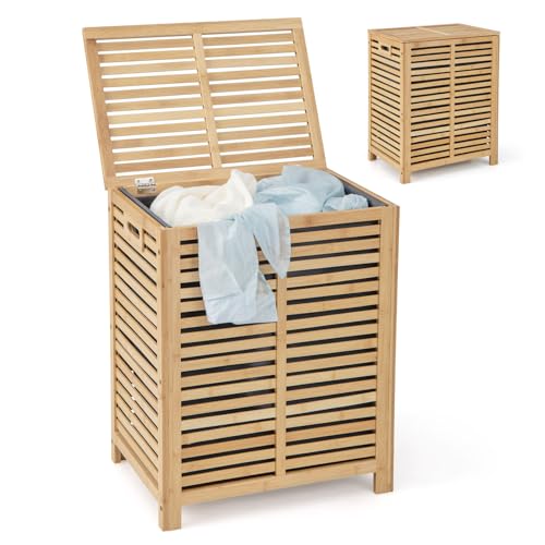 LIFEZEAL Cesto Portabiancheria Vimini con Coperchio, 80L, Porta Biancheria Sporca per Bagno in Bamb&ugrave;, Mobile Bagno con Portabiancheria con Borsa Lavabile, Cesto per Bucato da Lavanderia Naturale