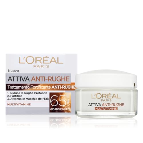 L'Or&eacute;al Paris Crema Viso trattamento nutriente giorno Attiva Anti-Rughe, Trattamento Fortificante 65+ con Multivitamine, Adatto a Pelli Mature, 50 ml