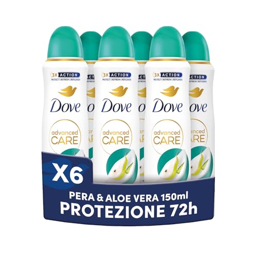 Dove Deodorante Spray Advanced Care Go Fresh Pera e Aloe Vera, con Formula Idratante e Delicata sulla Pelle, Senza Alcol, Pelle Asciutta Fino a 72 Ore, Deodorante Uomo e Donna, 6 Pezzi da 150ml