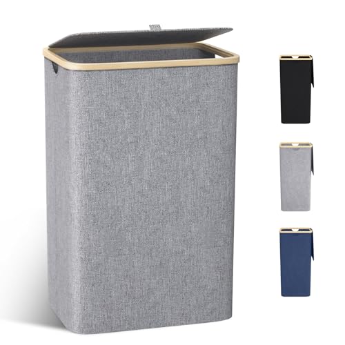 Cesto Portabiancheria Sporca Grande -100L Cesto Biancheria Sporca per Bagno in Bamb&uacute; con Coperchio, Cesta Panni Sporchi con Manici per Bagno, Lavanderia, Camera da Letto per Salvaspazio-Grigio