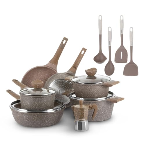 KASANOVA Set pentole antiaderente 0 Grassi, Batteria pentole a induzione e ogni piano cottura, set pentole e padelle antiaderente a 4 Strati con Design Moderno NO PFOA (15 Pezzi)