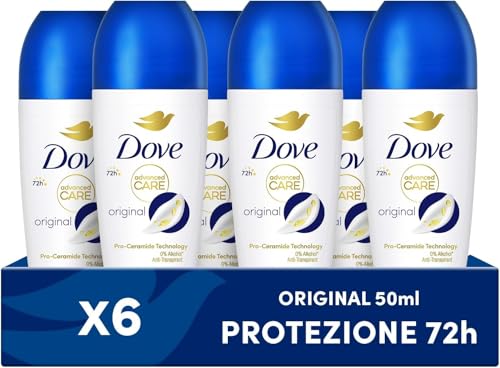 Dove Advanced Care Original, Deodorante Uomo e Donna Antitraspirante Roll On, Formula Delicata Con Tripla Azione Idratante, Protezione Fino a 48 Ore, Confezione da 6 Pezzi x 50 ml