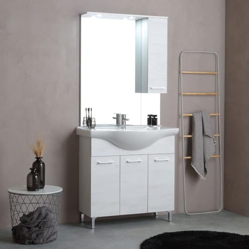 Kiamami Valentina - Mobile Bagno a Terra 85 cm | Lavabo in Ceramica | Specchio con Pensile e Faretti a LED | 3 Ante | Lavabo | Completo Moderno, Quercia Bianco, 85 CM, Legno