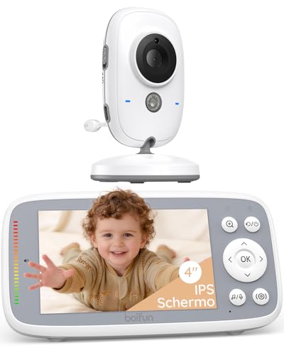 Boifun Baby Monitor Video e Audio, Schermo IPS 4" 720P Protettivo, Visione Notturna, Autonomia 11 ore, Avviso Sonoro, Zoom 3x, Rilevamento Temperatura, Ninna Nanne, Funziona Senza WiFi, Pronto all'Uso