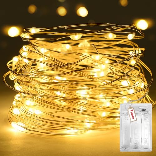 Peasur Lucine Led Decorative a Batteria con Timer, 3M 30 LED Scintillio Luci Led a Batteria, Impermeabile Mini Stringa Led Battery per Interni e Esterni, Natale, Feste, Bianco Caldo