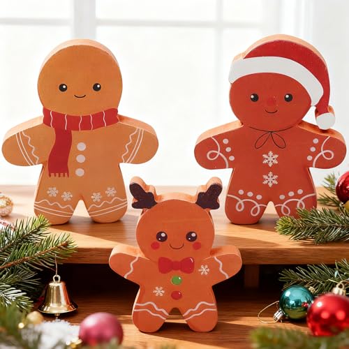 Decorazione natalizia in legno, 3 pezzi di pan di zenzero, decorazione natalizia, mini uomo di pan di zenzero, decorazione da tavolo per Natale, decorazione della stanza, decorazione natalizia
