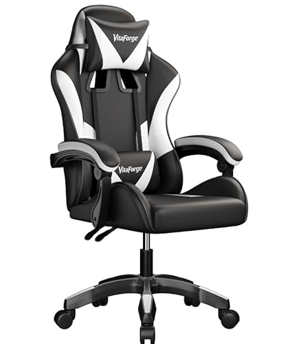 EaseZen Sedia Gaming Sedia Gamer Ergonomica con Cuscino per la Testa, Cuscino Lombare, Regolabile in Altezza e Girevole a 360&deg;, per Ufficio o Gaming (Nero/Bianco)