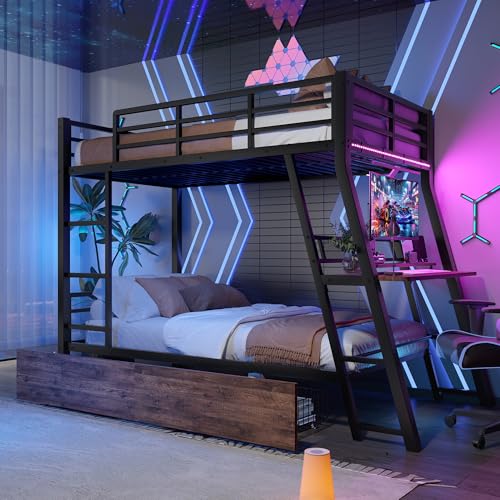 NovaFurnish Letto a castello, 90 x 200 cm, con struttura in ferro, barra LED, cassettiera, ringhiera, scala, scrivania, senza materasso, nero (90x200cm)
