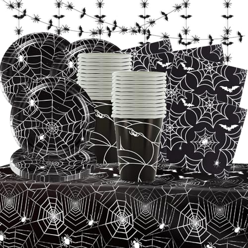 Ragnatela per Halloween, decorazione per festa, set di stoviglie Halloween, 74 pezzi, piatti, tazze, tovaglioli di carta, tovaglie e fascini. Adatto per festa con 24 persone